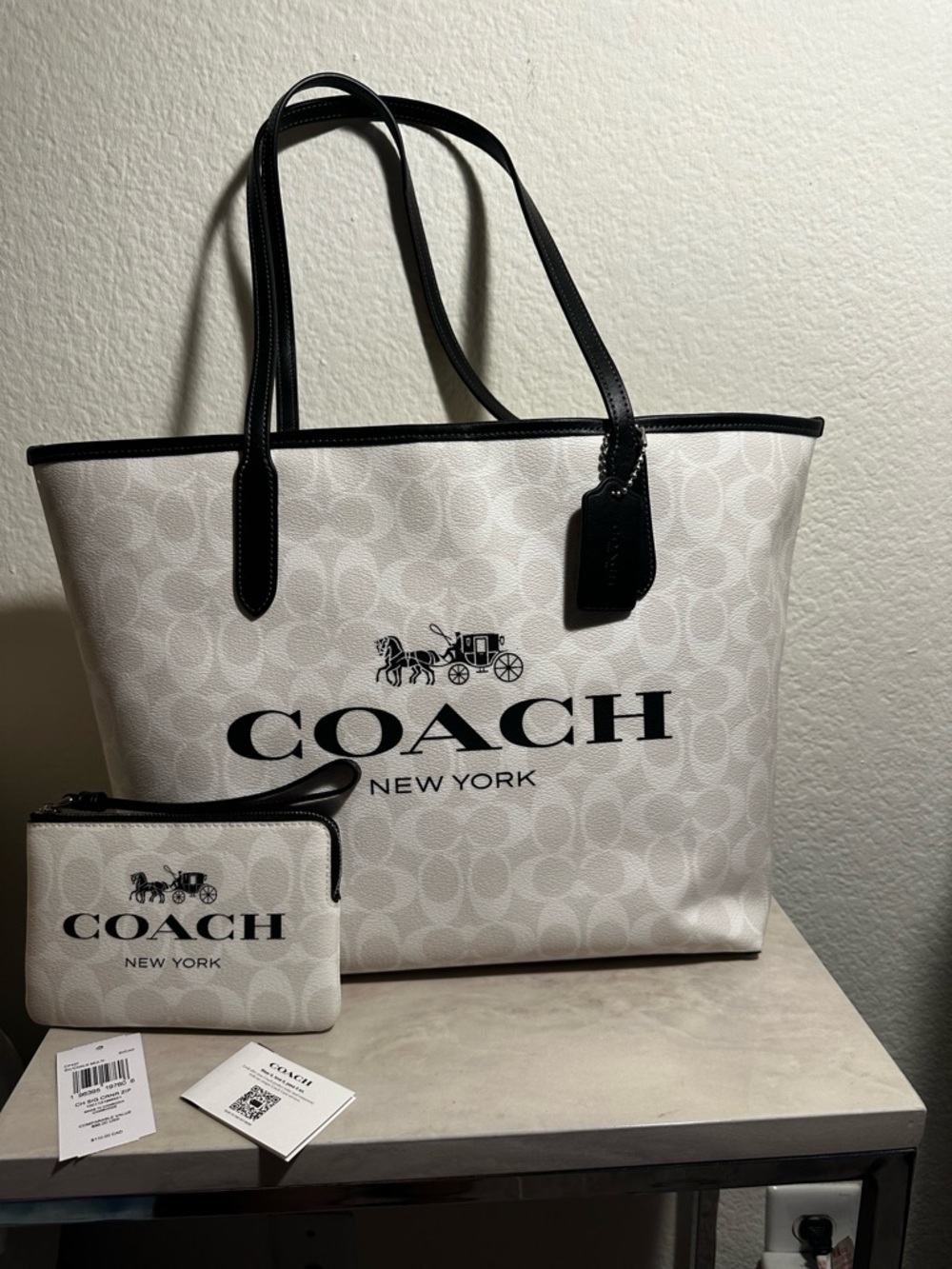 NWT AUTHENTIC COACH  White Tote with Black Trim Logo and  a Matching Wristlet.